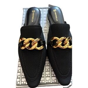 NewBella Women's Size 8 Black Knit Mule Loafers Gold Chain Slip On NWT